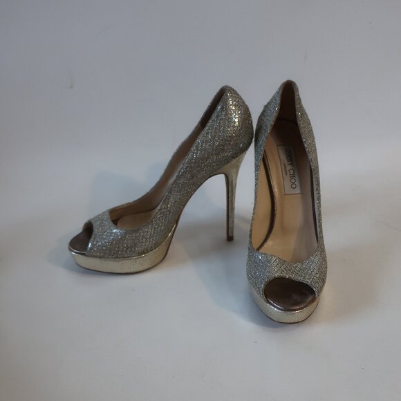 Jimmy Choo Silver Gold Luna Metallic Peep Toe Platform Heels Pumps 38.5 US/8.5 - Picture 2 of 14